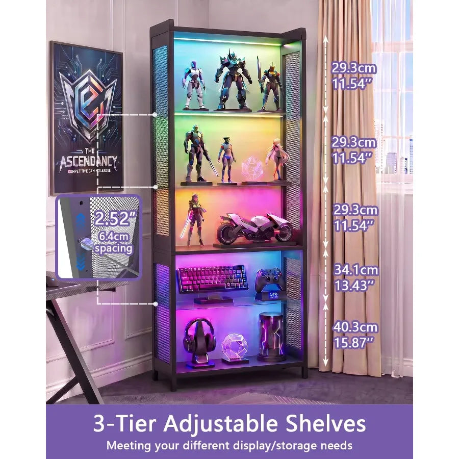 67 5-Tier Display Case for Retail Use, Tempered Glass Shelves, Black Frame, RGB Lighting with Adjustable Color Modes
