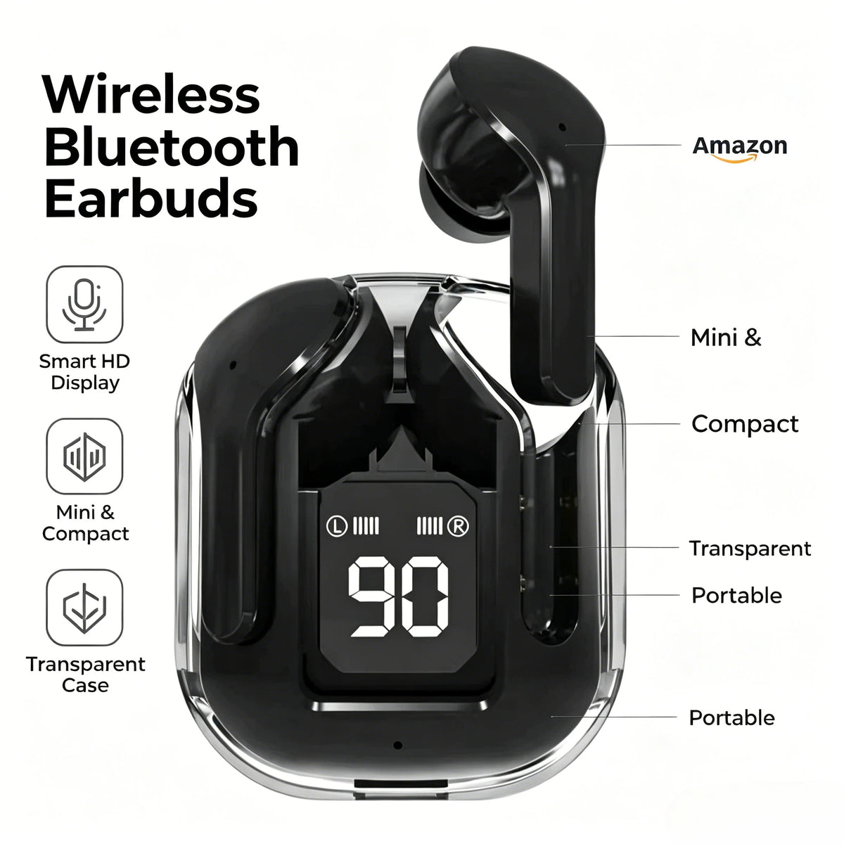 Transparent TWS Bluetooth Earphones Soft Silicone In-ear Design Wireless Sports Gaming Earbuds HiFi Stereo Audio LED Display