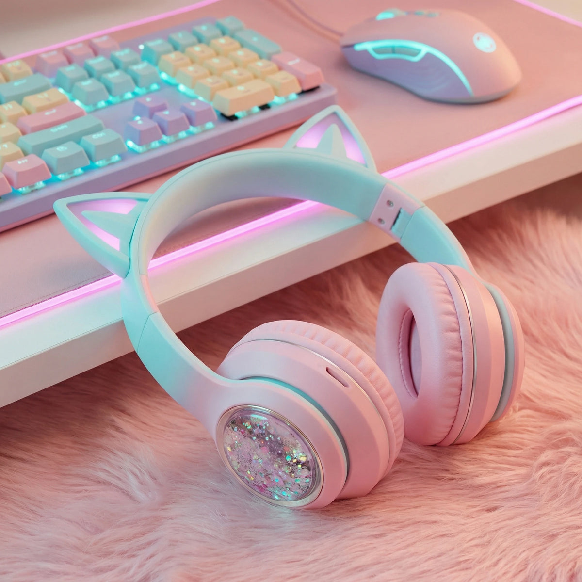 GENAI Wireless Over-Ear Leather Headphones with for V5.3 LED Light & Sand-Flow Design (Pink/Purple) for Laptop/PC Use