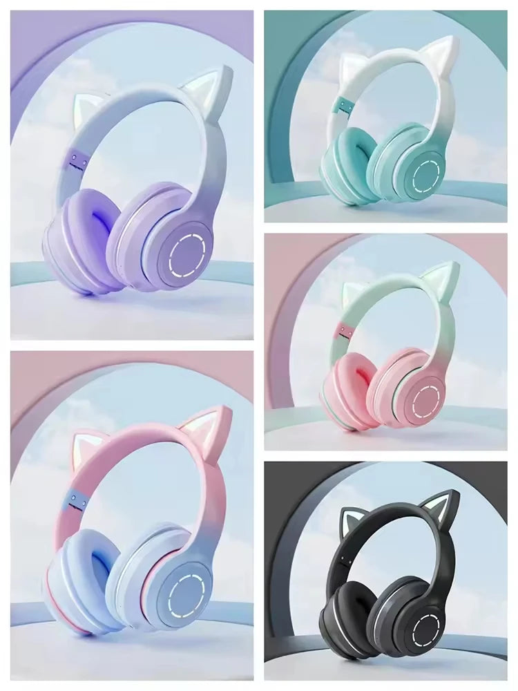 Factory Price Cat Ear Sports Headphones Active Noise Cancelling Wired Mic Gaming Over-Ear TF Card Support Stereo Bass