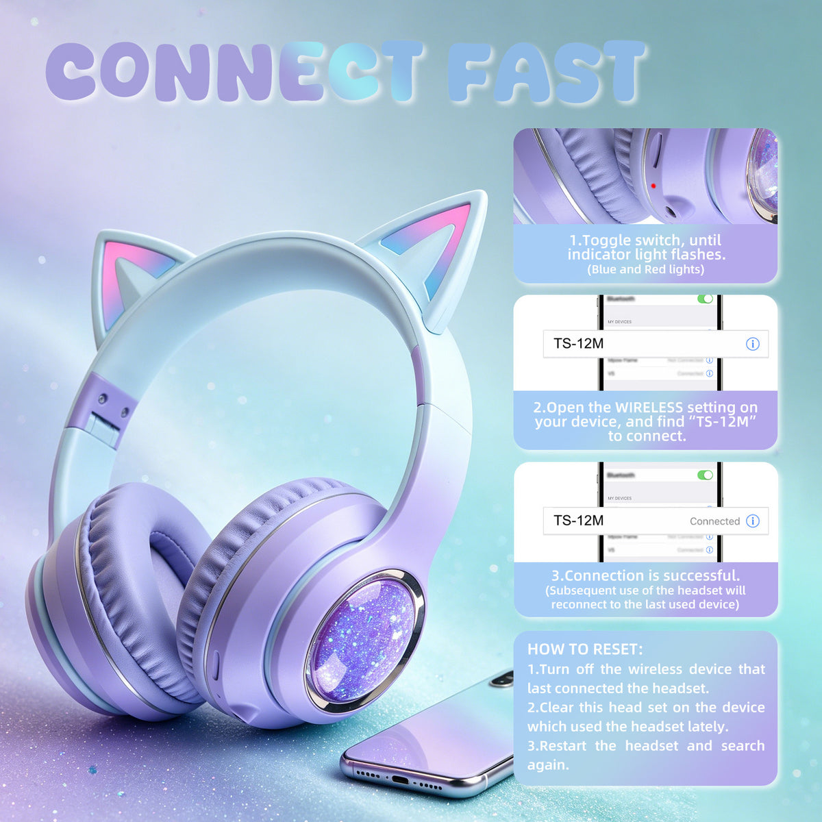 Cat Headset Wireless Over-Ear Headphones with for 5.3 IPX-3 Waterproof 30ms Low Delay for Gaming