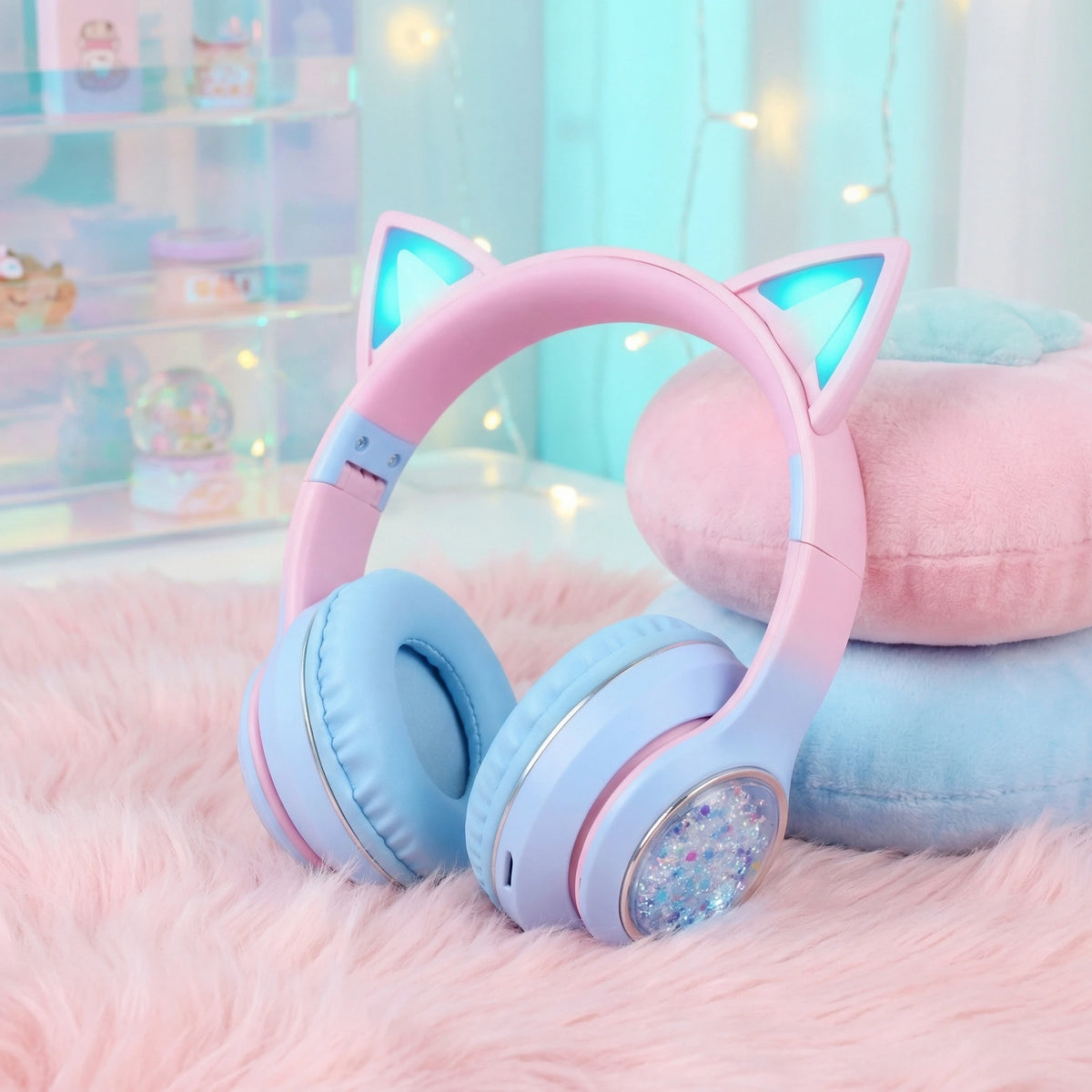 GENAI Wireless Over-Ear Leather Headphones with for V5.3 LED Light & Sand-Flow Design (Pink/Purple) for Laptop/PC Use