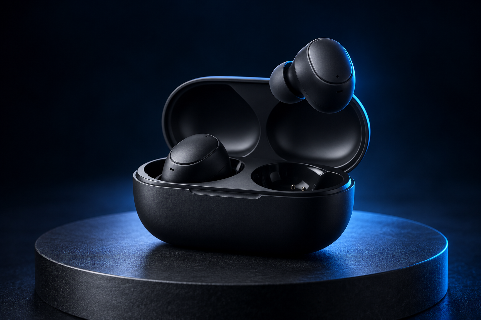 Black wireless earbuds with a charging case in a blue-lit studio