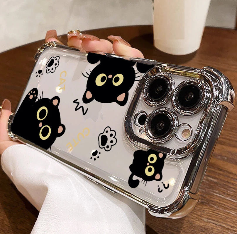 Casing For OPPO Reno 15 14 13 12 Pro 5G 6 7 8 10 Pro 14F 13F 12F 11F 7Z 8Z 8T Lovely Couple Cartoon Black Cat Plating Phone Case