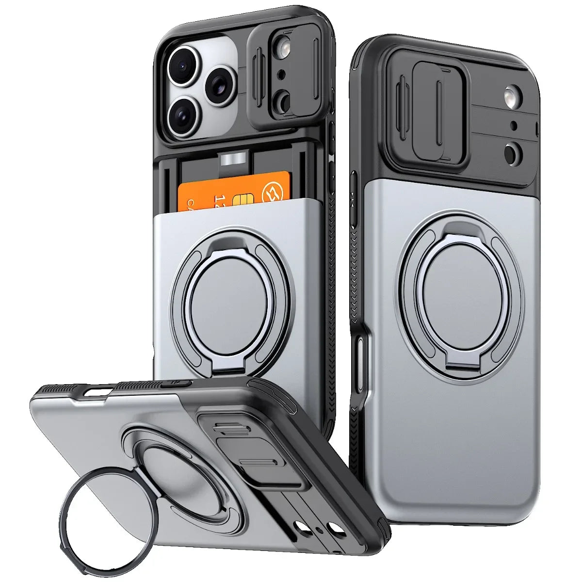 Luxury PC+TPU Armor Shockproof Phone Case for iPhone 18 17 13 Pro Max 14 15 16 Plus Magnetic Ring Bracket Cadr Slot Wallet Cover