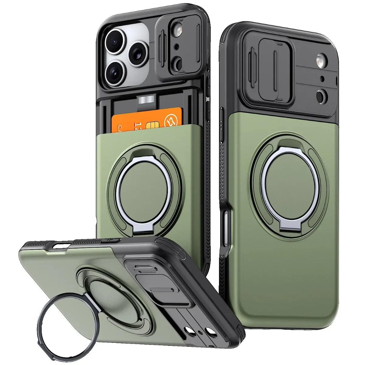 Luxury PC+TPU Armor Shockproof Phone Case for iPhone 18 17 13 Pro Max 14 15 16 Plus Magnetic Ring Bracket Cadr Slot Wallet Cover