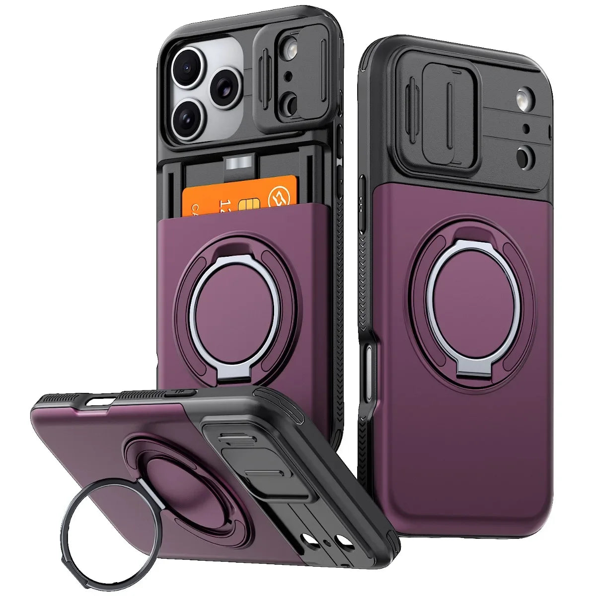 Luxury PC+TPU Armor Shockproof Phone Case for iPhone 18 17 13 Pro Max 14 15 16 Plus Magnetic Ring Bracket Cadr Slot Wallet Cover