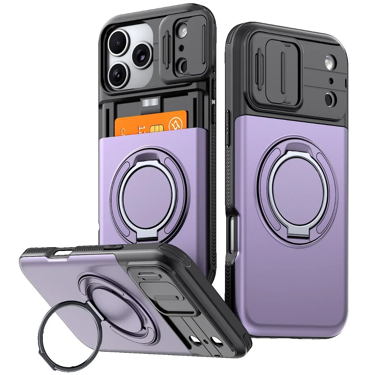 Luxury PC+TPU Armor Shockproof Phone Case for iPhone 18 17 13 Pro Max 14 15 16 Plus Magnetic Ring Bracket Cadr Slot Wallet Cover