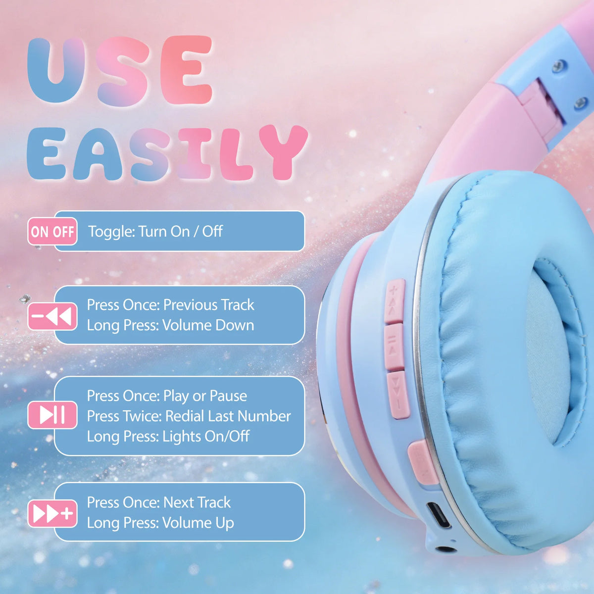 Cat Headset Wireless Over-Ear Headphones with for 5.3 IPX-3 Waterproof 30ms Low Delay for Gaming