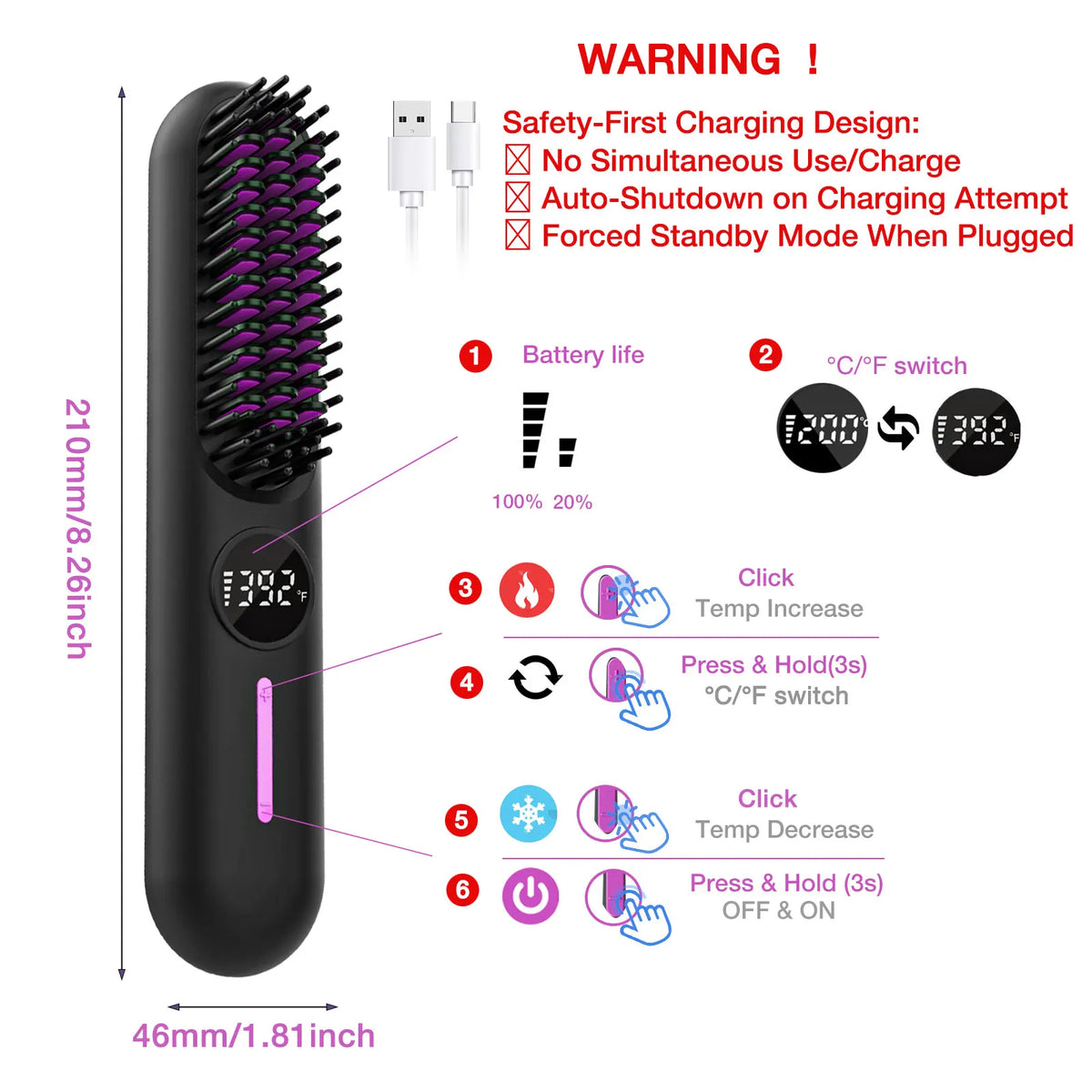 S01 Rechargeable Waterproof Mini Portable Electric Hair Straightening Brush Comb Flat Iron Stainless Steel Teeth Hair Styling
