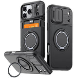Luxury PC+TPU Armor Shockproof Phone Case for iPhone 18 17 13 Pro Max 14 15 16 Plus Magnetic Ring Bracket Cadr Slot Wallet Cover