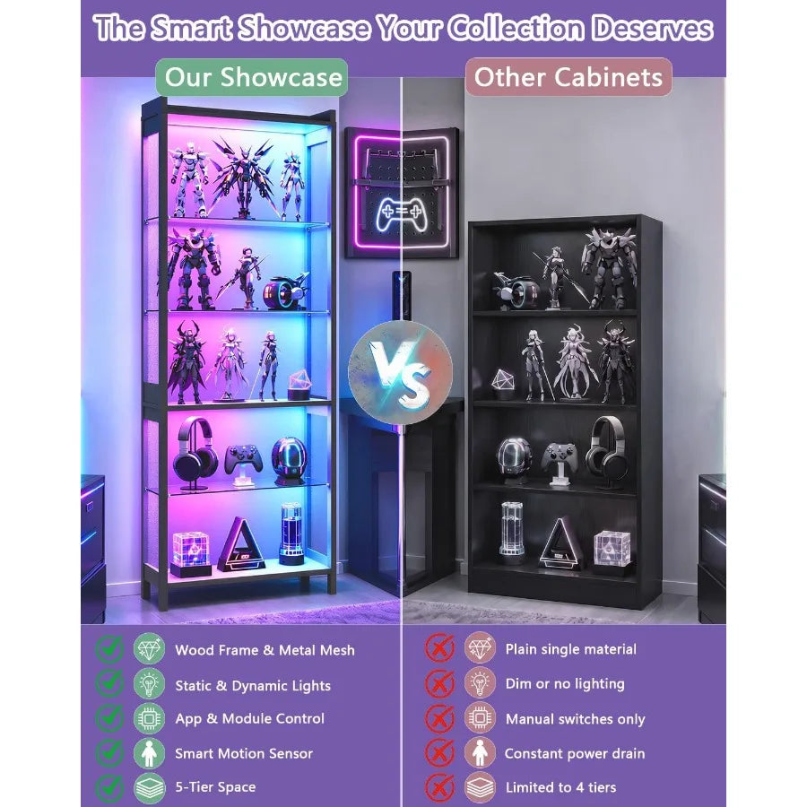 67 5-Tier Display Case for Retail Use, Tempered Glass Shelves, Black Frame, RGB Lighting with Adjustable Color Modes