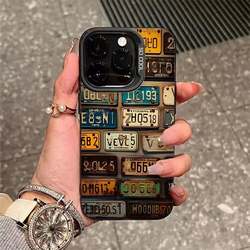 A Vintage Car License Plate Design Silver INS Phone Case for iPhone 18 17 16 Pro Max 15 14 13 12 11 XS XR 7 8 Plus 16e Air Cover