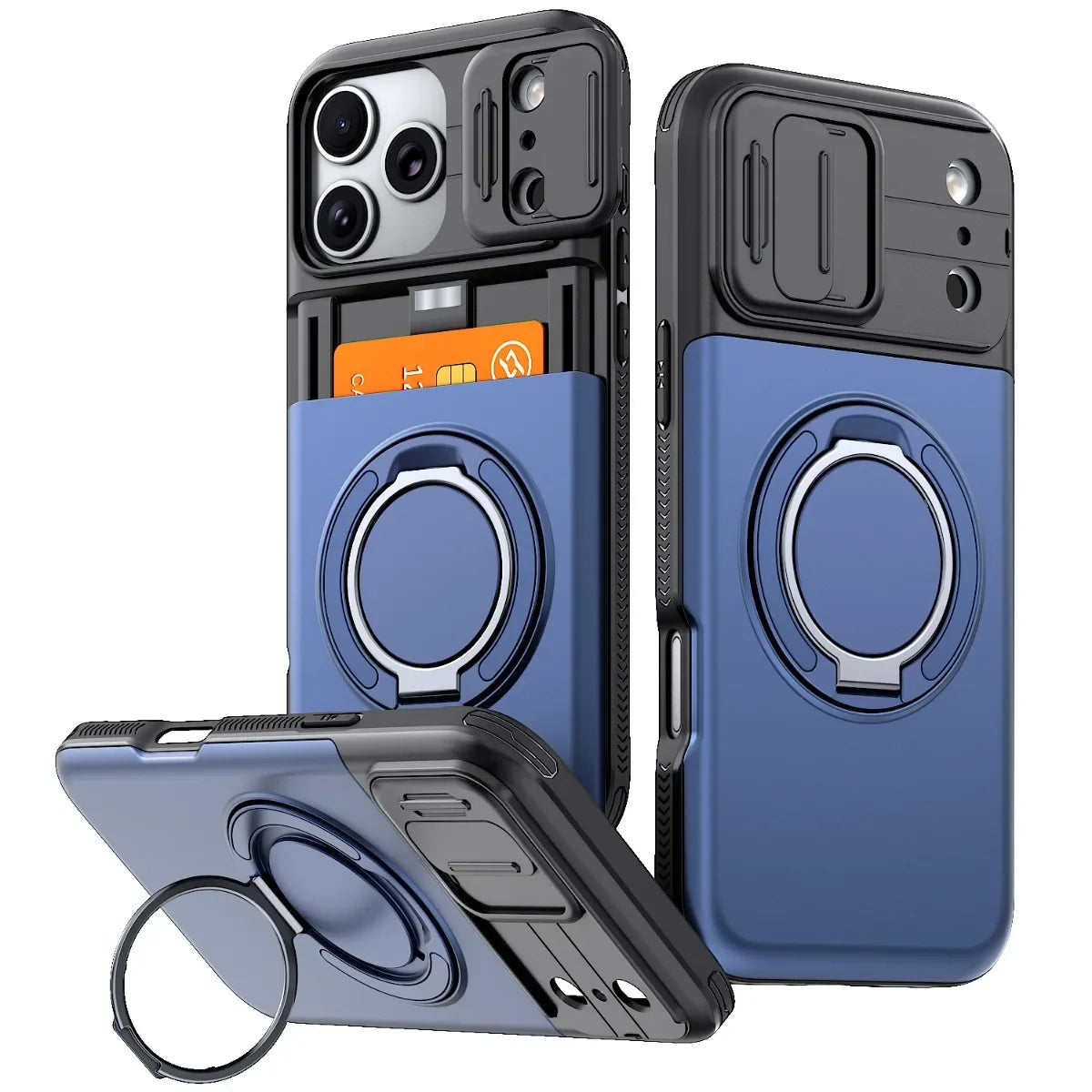 Luxury PC+TPU Armor Shockproof Phone Case for iPhone 18 17 13 Pro Max 14 15 16 Plus Magnetic Ring Bracket Cadr Slot Wallet Cover